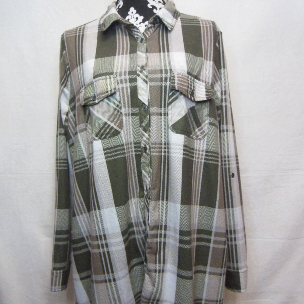 Como Vintage Green Plaid Polyester/Spandex Long Sleeve Womens Button Down Blouse